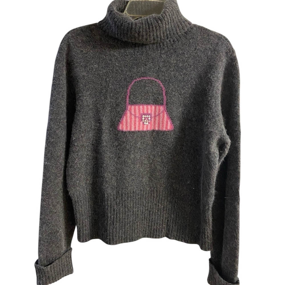 Alexandra Bartlett Charcoal Turtleneck Sweater with Pink Handbag Motif XL